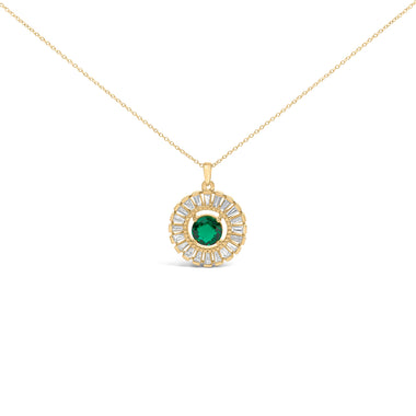 14K Yellow Gold Plated Silver Lab Grown Emerald and Diamond Sunburst Medallion Pendant Necklace