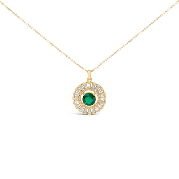 14K Yellow Gold Plated Silver Lab Grown Emerald and Diamond Sunburst Medallion Pendant Necklace