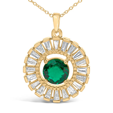 14K Yellow Gold Plated Silver Lab Grown Emerald and Diamond Sunburst Medallion Pendant Necklace - 0