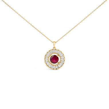 14K Yellow Gold Plated Sterling Silver Lab Grown Ruby and Diamond Medallion Pendant Necklace