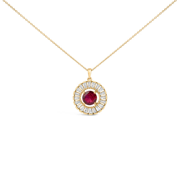 14K Yellow Gold Plated Sterling Silver Lab Grown Ruby and Diamond Medallion Pendant Necklace