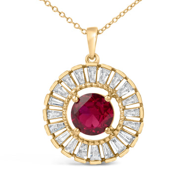 14K Yellow Gold Plated Sterling Silver Lab Grown Ruby and Diamond Medallion Pendant Necklace - 0