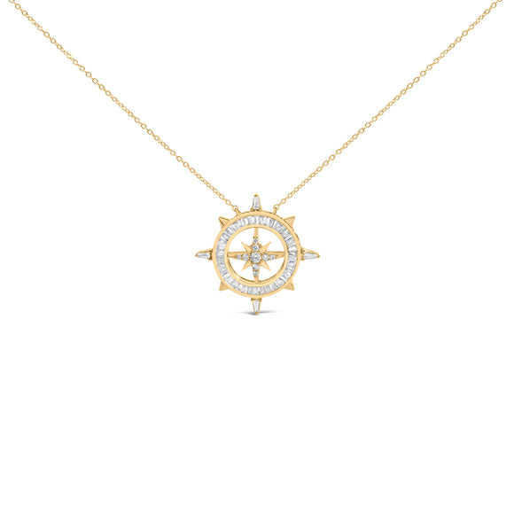 14K Yellow Gold Plated Sterling Silver 1.0 Cttw Diamond Compass Pendant Necklace