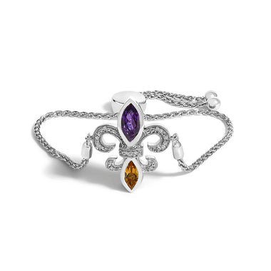 .925 Sterling Silver Marquise Purple Amethyst, Orange Citrine, and Diamond Accent Lariat 4â€-10â€ Fleur De Lis Adjustable Bolo Bracelet (I-J Color, I1-I2 Clarity)
