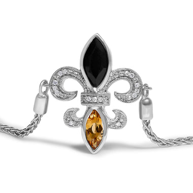 .925 Sterling Silver Marquise Black Onyx, Orange Citrine, and Diamond Accent Lariat 4â€-10â€ Fleur De Lis Adjustable Bolo Bracelet (I-J Color, I1-I2 Clarity) - 7" - 0
