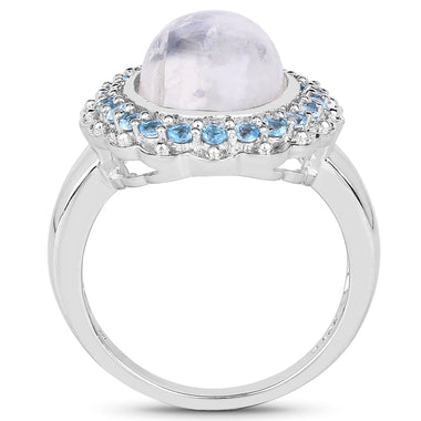 7.21 Carat Genuine White Rainbow Moonstone & Swiss Blue Topaz .925 Sterling Silver Ring - 0