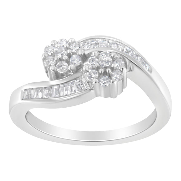 14K White Gold Round and Baguette Diamond Bypass Ring (1/2 cttw, H-I Color, I1-I2 Clarity) - Ring Size 6