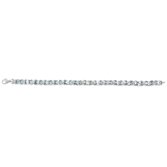 .925 Sterling Silver 16.0 Cttw Oval Blue Topaz and Diamond Accent Tennis X Link Bracelet (I-J Color, I1-I2 Clarity) - Size 7" Inch