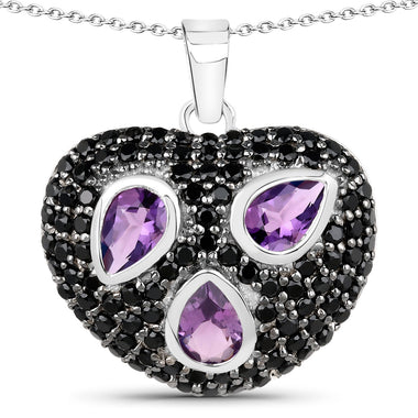 3.19 Carat Genuine Amethyst and Black Spinel .925 Sterling Silver Pendant