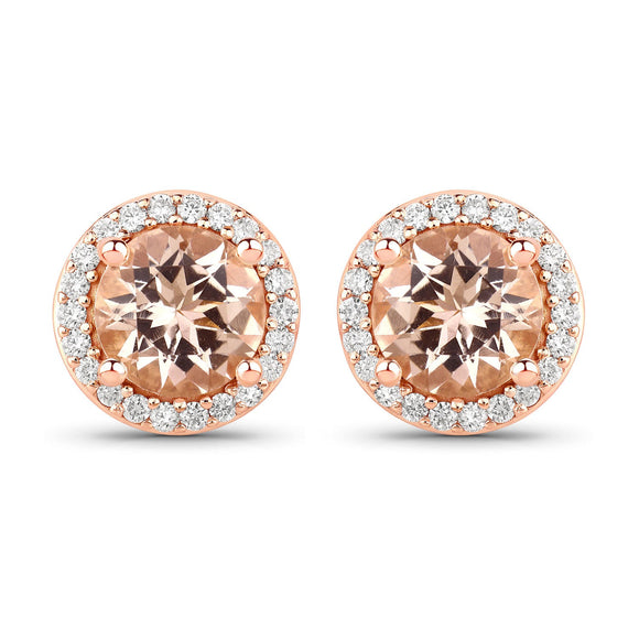 1.60 Carat Genuine Morganite and White Diamond 14K Rose Gold Earrings