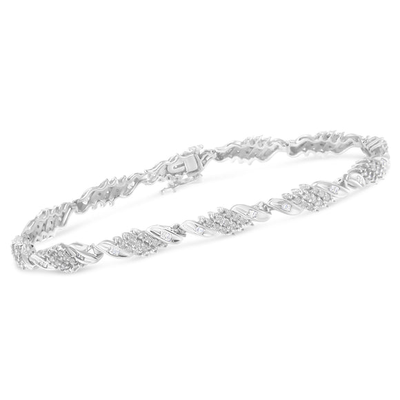 .925 Sterling Silver 1-1/2 Cttw Round and Baguette Cut Diamond Wave Link Bracelet (I-J Color, I2-I3 Clarity) - 7"