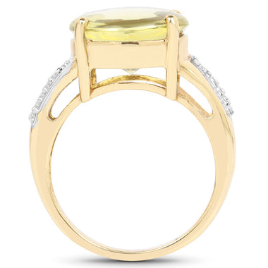 14K Yellow Gold Plated 9.26 Carat Genuine Lemon Topaz Buff Top and White Diamond Brass Ring - 0