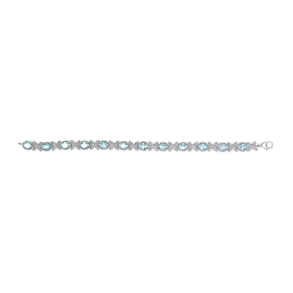 .925 Sterling Silver Oval Blue Topaz Diamond Butterfly Link Bracelet (I-J Color, I1-I2 Clarity) - Size 7" Inches
