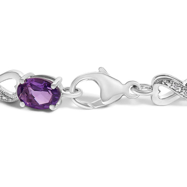 .925 Sterling Silver Oval Purple Amethyst and Diamond Infinity Link Bracelet (I-J Color, I1-I2 Clarity) - 7" Inches - 0