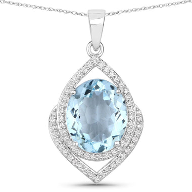 3.82 Carat Genuine Aquamarine and White Diamond 14K White Gold Pendant