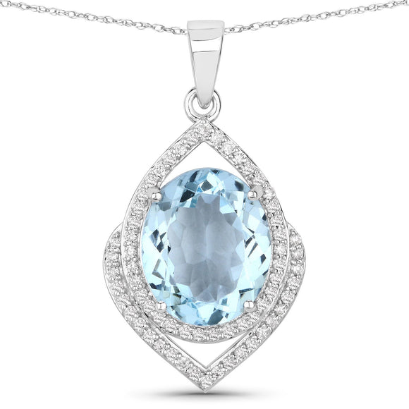 3.82 Carat Genuine Aquamarine and White Diamond 14K White Gold Pendant