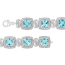 .925 Sterling Silver 7x7 mm Cushion Cut Blue Topaz and 1/10 Ctw Single Cut Diamond Square Shape Tennis Bracelet (I-J Color, I1-I2 Clarity) - 7"-8