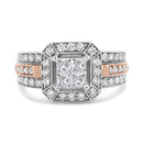 14K White and Rose Gold 1 1/8 Cttw Princess and Round-Cut Diamond Art Deco Style Triple Shank Halo Cocktail Ring (I-J Color, SI2-I1 Clarity) - Size 7-2