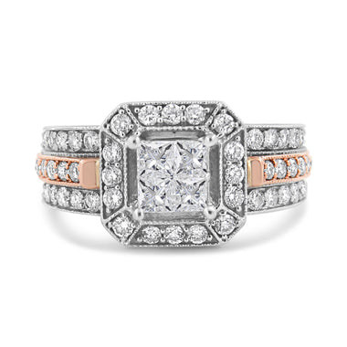 14K White and Rose Gold 1 1/8 Cttw Princess and Round-Cut Diamond Art Deco Style Triple Shank Halo Cocktail Ring (I-J Color, SI2-I1 Clarity) - Size 7 - 0