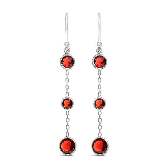 .925 Sterling Silver Graduating Bezel Set Red Garnet Dangle Earring