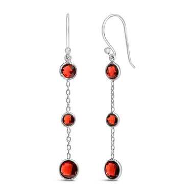 .925 Sterling Silver Graduating Bezel Set Red Garnet Dangle Earring - 0