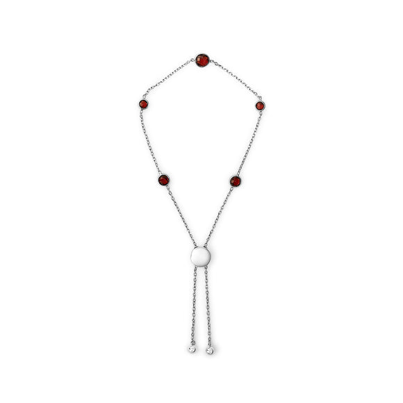 .925 Sterling Silver Bezel Set Red Garnet 5 Station Adjustable Bolo Bracelet