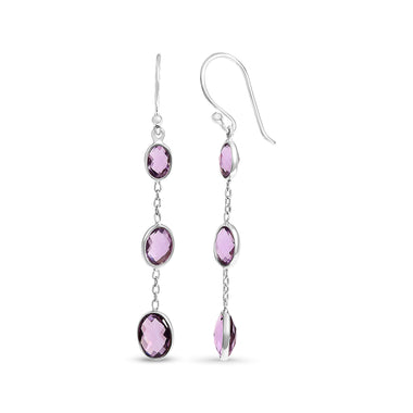 .925 Sterling Silver Checkerboard Cut Oval Purple Amethyst 2" Inch Drop and Dangle Earrings - 0