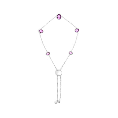 .925 Sterling Silver Bezel Set Purple Amethyst 5 Station Adjustable Bolo Bracelet