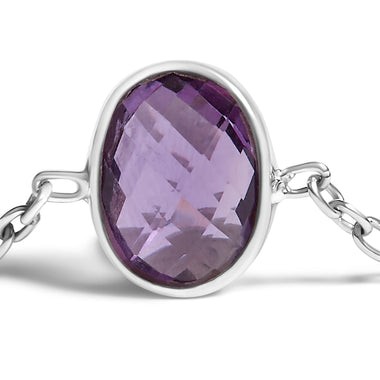 .925 Sterling Silver Bezel Set Purple Amethyst 5 Station Adjustable Bolo Bracelet - 0