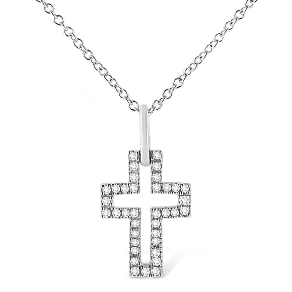 .925 Sterling Silver 1/10 cttw Pave-Set Round-Cut Diamond Open Cross 18" Pendant Necklace (I-J Color, I1-2 Clarity)