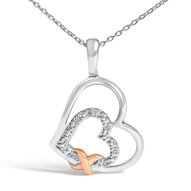 .925 Sterling Silver Double Heart Pendant Necklace with Diamond and 10K Rose Gold Accent - 0