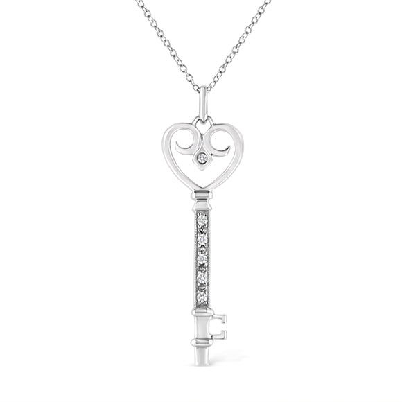 .925 Sterling Silver Pave and Bezel-Set Diamond Accent Key 18" Heart and Lock Pendant Necklace (K-L Color, I1-I2 Clarity)