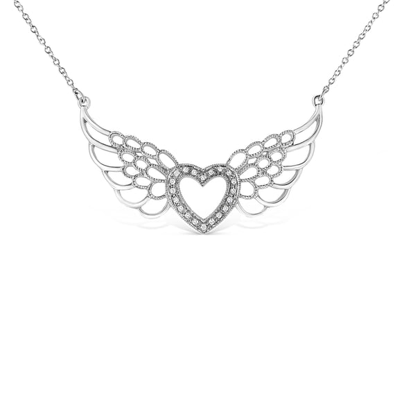 .925 Sterling Silver Pave-Set Diamond Accent Fairy Wing 18" Heart Pendant Necklace (I-J Color, I1-I2 Clarity)