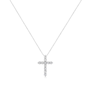 .925 Sterling Silver 1.0 Cttw Prong Set Round-Cut Diamond Cross 18" Pendant Necklace (I-J Color, I2-I3 Clarity) - 0