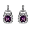 .925 Sterling Silver 8MM Natural Cushion Shaped Amethyst and Diamond Accent Halo with Push Back Dangle Earrings (I-J Color, I2-I3 Clarity)-8