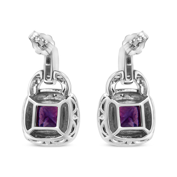 .925 Sterling Silver 8MM Natural Cushion Shaped Amethyst and Diamond Accent Halo with Push Back Dangle Earrings (I-J Color, I2-I3 Clarity)