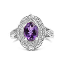.925 Sterling Silver 9x7mm Oval Purple Amethyst and Diamond Accent Art Deco Style Cocktail Ring (I-J Color, I1-I2 Clarity) - Size 6-6