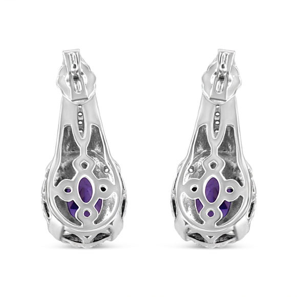 .925 Sterling Silver 8x6 MM Natural Oval Purple Amethyst Gemstone and Diamond Accent Art Deco Style Drop and Dangle Earrings (I-J Color, I1-I2 Clarity)