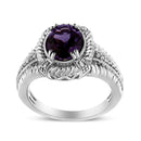 .925 Sterling Silver Prong Set Natural Oval Shape 9X7 MM Purple Amethyst Solitaire and Diamond Accent Ring (I-J Color, I1-I2 Clarity) - Ring Size 7-12