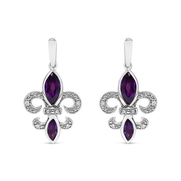 .925 Sterling Silver Marquise Cut Amethyst and Diamond Accent Fleur De Lis Dangle Stud Earrings (H-I Color, SI1-SI2 Clarity)