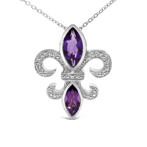.925 Sterling Silver Purple Amethyst Marquise and Diamond Accent Fleur De Lis Pendant Necklace (H-I Color, SI1-SI2 Clarity) - Size 18"