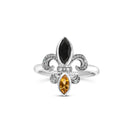 .925 Sterling Silver Black Onyx and Yellow Citrine Marquise and Diamond Accent Fleur De Lis Ring (H-I Color, SI1-SI2 Clarity) - Size 7-6