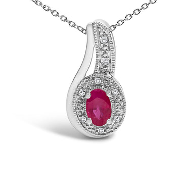 .925 Sterling Silver Red Ruby and Diamond Accent Milgrain Swirl Pendant Necklace - 18" Inches - 0