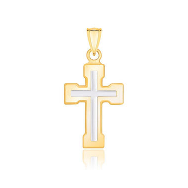 14k Two-Tone Gold Dual Cross Design Pendant with Block Ends - 0