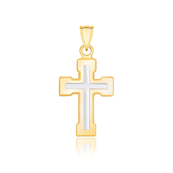 14k Two-Tone Gold Dual Cross Design Pendant with Block Ends