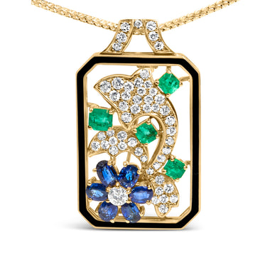 18K Yellow Gold 2 1/3 Cttw Diamond, Sapphire, and Emerald Dog Tag with Dolphin Silhouette Convertible 18" Pendant Necklace and Brooch (G-H Color, SI1-SI2 Clarity) - 0