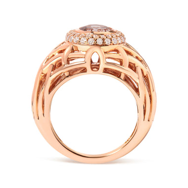 14K Rose Gold Oval Cut Light Pink Morganite and 3/8 Cttw Diamonds Halo and Basket Weave Cocktail Ring (G-H Color, SI1-SI2 Clarity) - Size 7 - 0