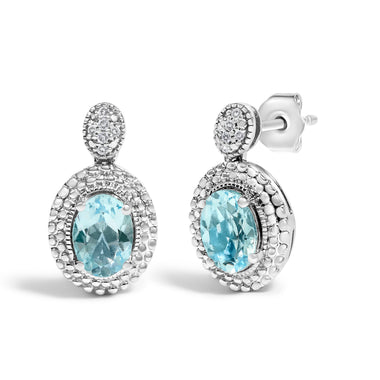 .925 Sterling Silver Diamond Accent and  Oval Blue Topaz with Beaded Halo Drop Stud Earrings (I-J color, I1-I2 Clarity) - 0