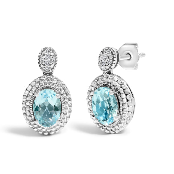 .925 Sterling Silver Diamond Accent and  Oval Blue Topaz with Beaded Halo Drop Stud Earrings (I-J color, I1-I2 Clarity)