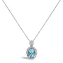 .925 Sterling Silver Oval Blue Topaz and Diamond Accent with Beaded Halo Pendant Necklace - 18" Inches-1